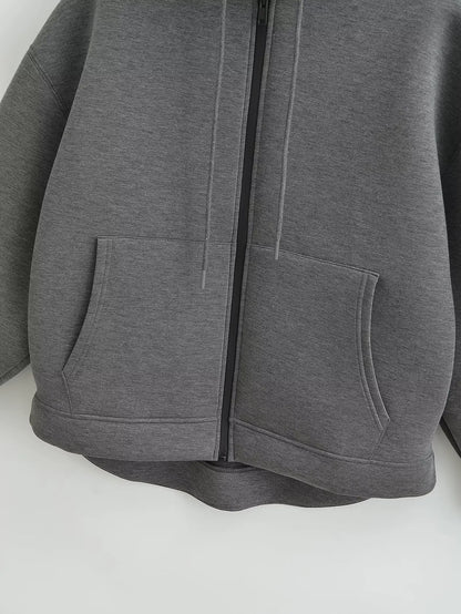 2026 Casual Women's Soild Zipper Hoodie Long Sleeve Big Pocket Zipper Jacket With Hood Female Loose Outerwear Coat Tops