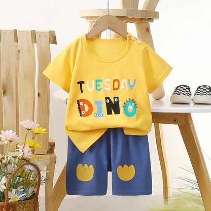 1 Sets Pure Cotton Kids Cartoon Clothing Summer Baby Fashion Short Sleeve Suits Boys Girls T-Shirts+Shorts Children Outfits