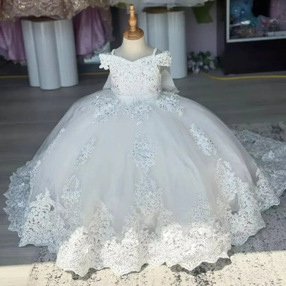 Customized White Lace Baby Flower Girl Dresses Lace Appliques Kids Newborn Party Feather Pearls First Communion Prom Gown