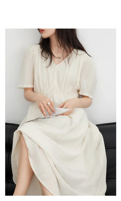 Women Dresses French Style Vintage V-neck Puff Sleeve Long Dress Solid Black Loose Female Clothing Summer New 2023