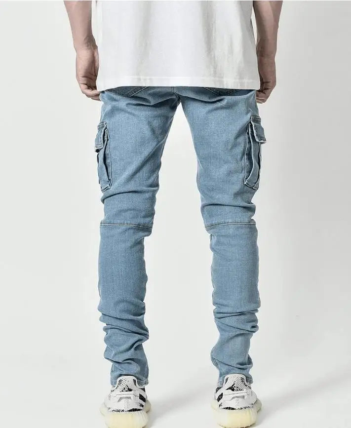 Mens Stretchy Skinny Ripped Jeans Men Side Pocket Washed Slim Denim Pants Biker Jeans Fashion Sweatpants Hip Hop Trousers Jogger