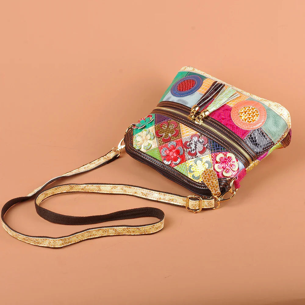 Multi-color snake pattern splicing tassel genuine leather cowhide bag shoulder women's bag personalized casual women's small bag