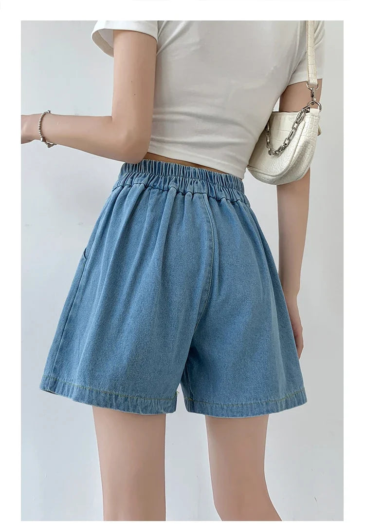 2024 Summer Plus Size Denim Shorts For Women High Elastic Waist Blue Or Sky Blue Pleated Mini Large Size Short Femme