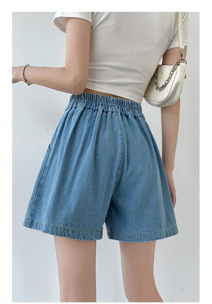 2024 Summer Plus Size Denim Shorts For Women High Elastic Waist Blue Or Sky Blue Pleated Mini Large Size Short Femme