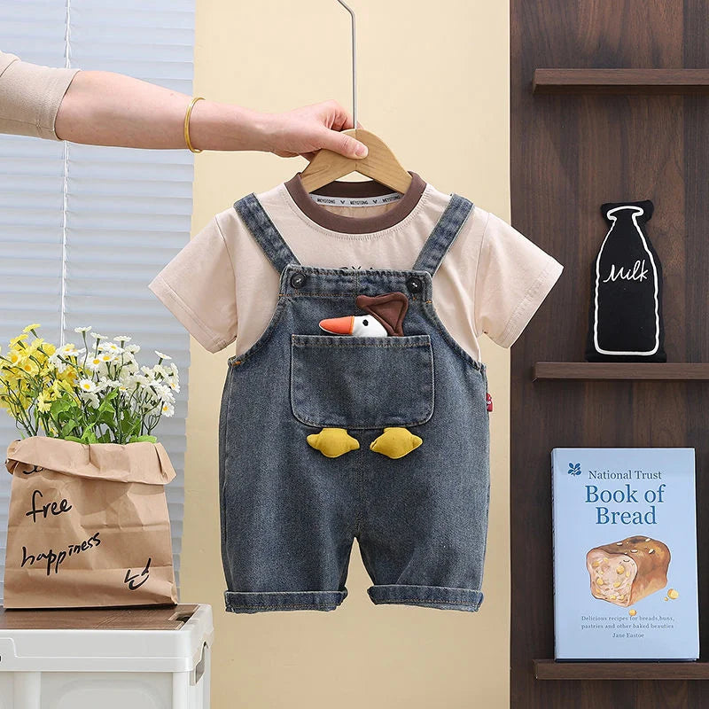 Children Clothing Baby Boys Girls Cartoon Duck T Shirt Denim Overalls 2Pcs/sets Kids Infant Casual Clothes Toddler Fashion Wear
