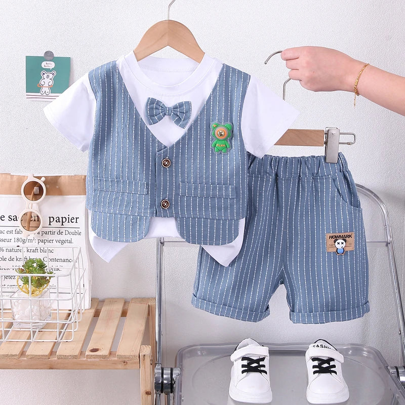 New Summer Kids Boys Clothes High Qulity Short Sleeve Gentleman Patchwork T Shirt Pants Toddler Boy Clothing Casual Outfits