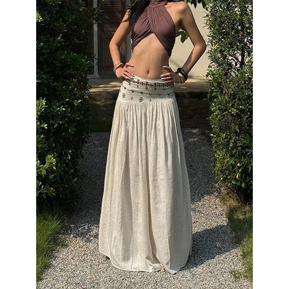 Vintage Beading Midi Skirt Women Vacation Beach Low Waist Skirts Summer Ladies Streetwear Korean Casual Design A Line Faldas New
