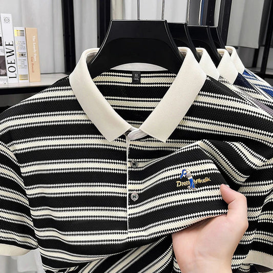 2025 Summer New Men's Polo Shirt Business Casual Collar Short Sleeve Men's Fashion Printed Stripe Half Sleeve Top