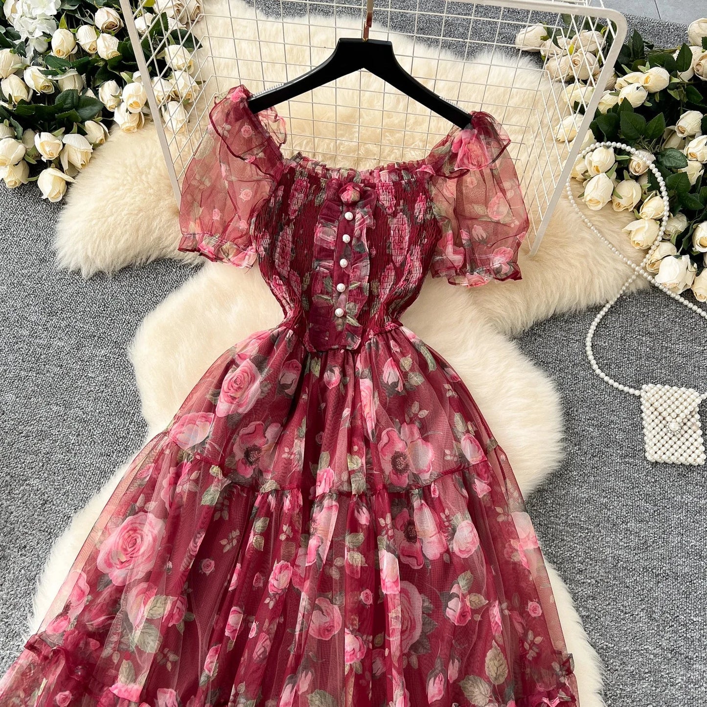 Retro Floral Chiffon Dr Women's Waist Cinched Bubble Sve Me Skirt Tea Break Gentle Soft Sle Korean High Waist A-Lin...