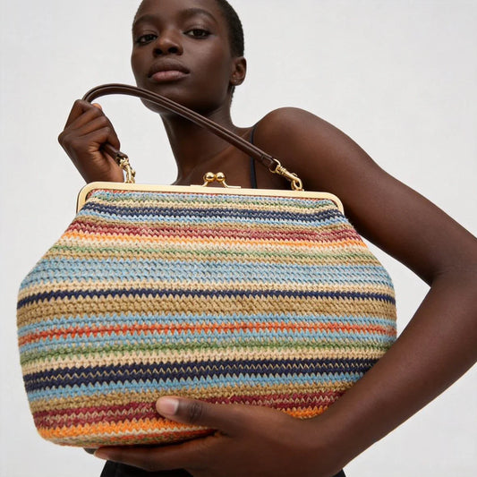 Fashion Large Striped Clip Shell Shoulder Bag for Women Designer PP Straw Handbags Luxury Casual Summer Beach Woven Clutch Bags