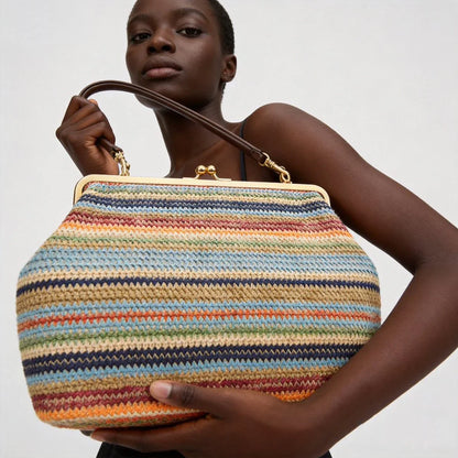 Fashion Large Striped Clip Shell Shoulder Bag for Women Designer PP Straw Handbags Luxury Casual Summer Beach Woven Clutch Bags
