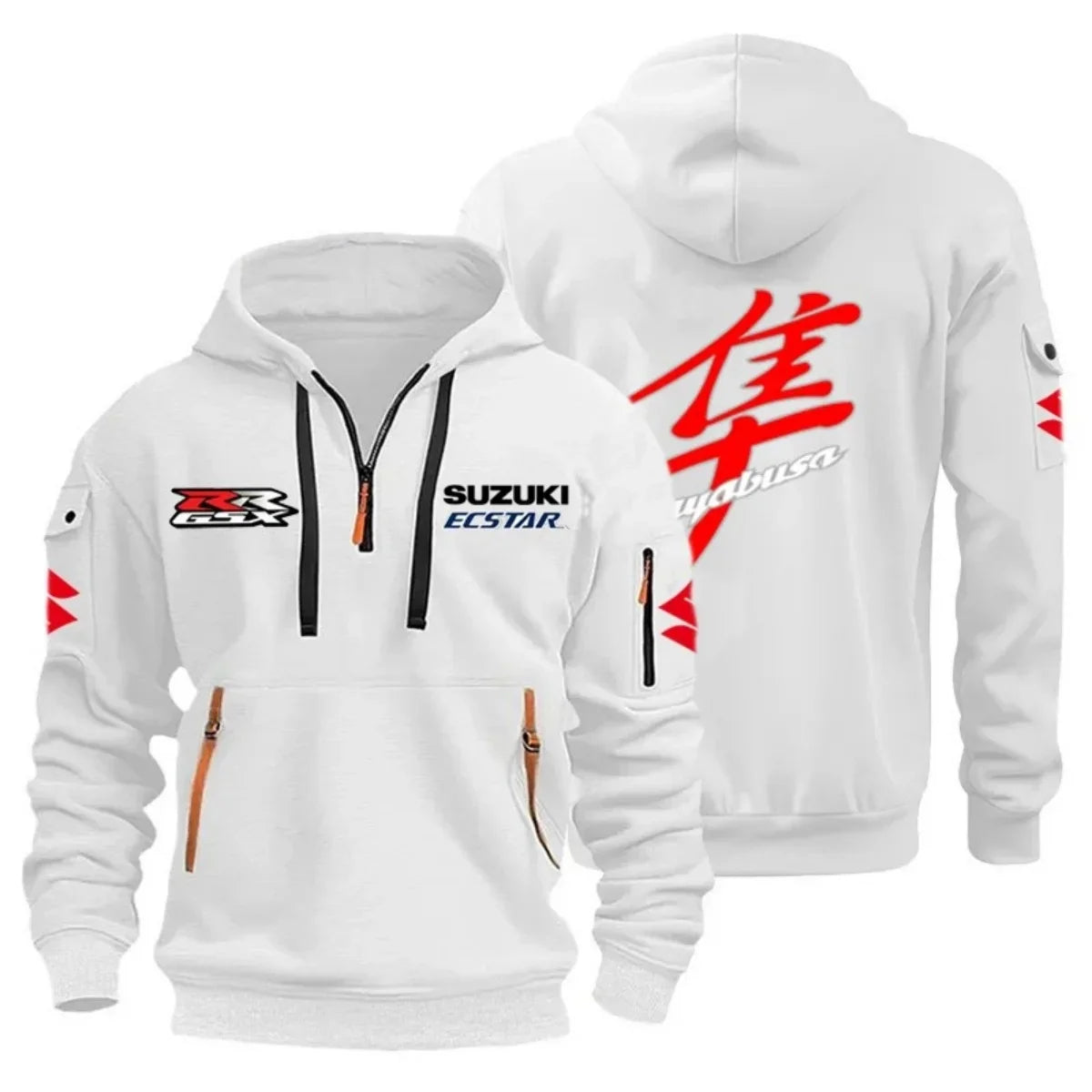 Men's Casual Street Outdoor Sports Motorcycle Hoodie Multi-Pocket Semi-Zipper Graphic Sweatshirt