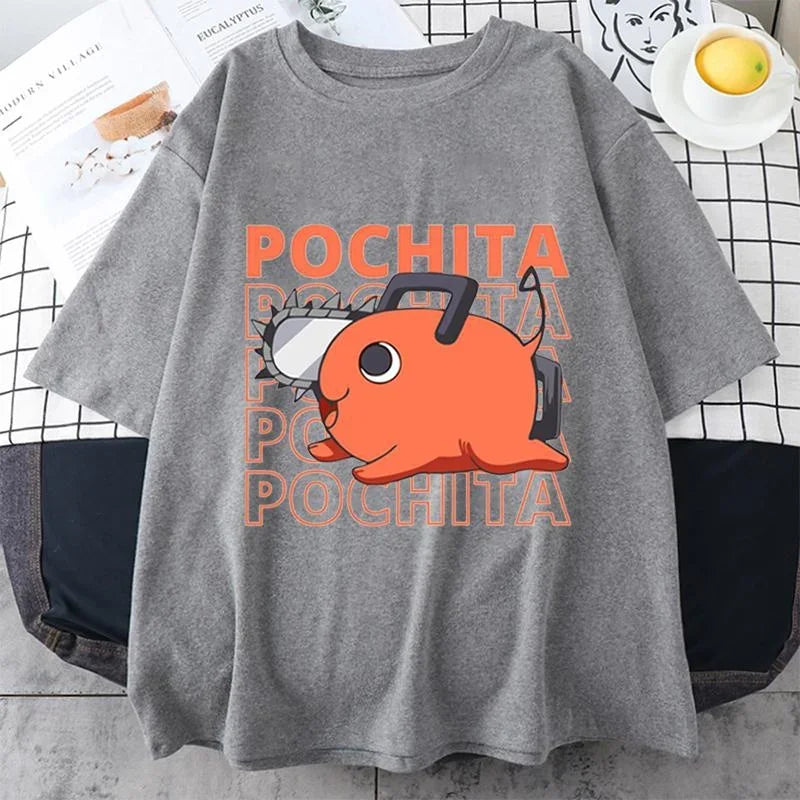 Anime T-Shirt Funny Pochita Graphic Printing Short Sleeve Summer Casual Round Neck Loose T-Shirt Top
