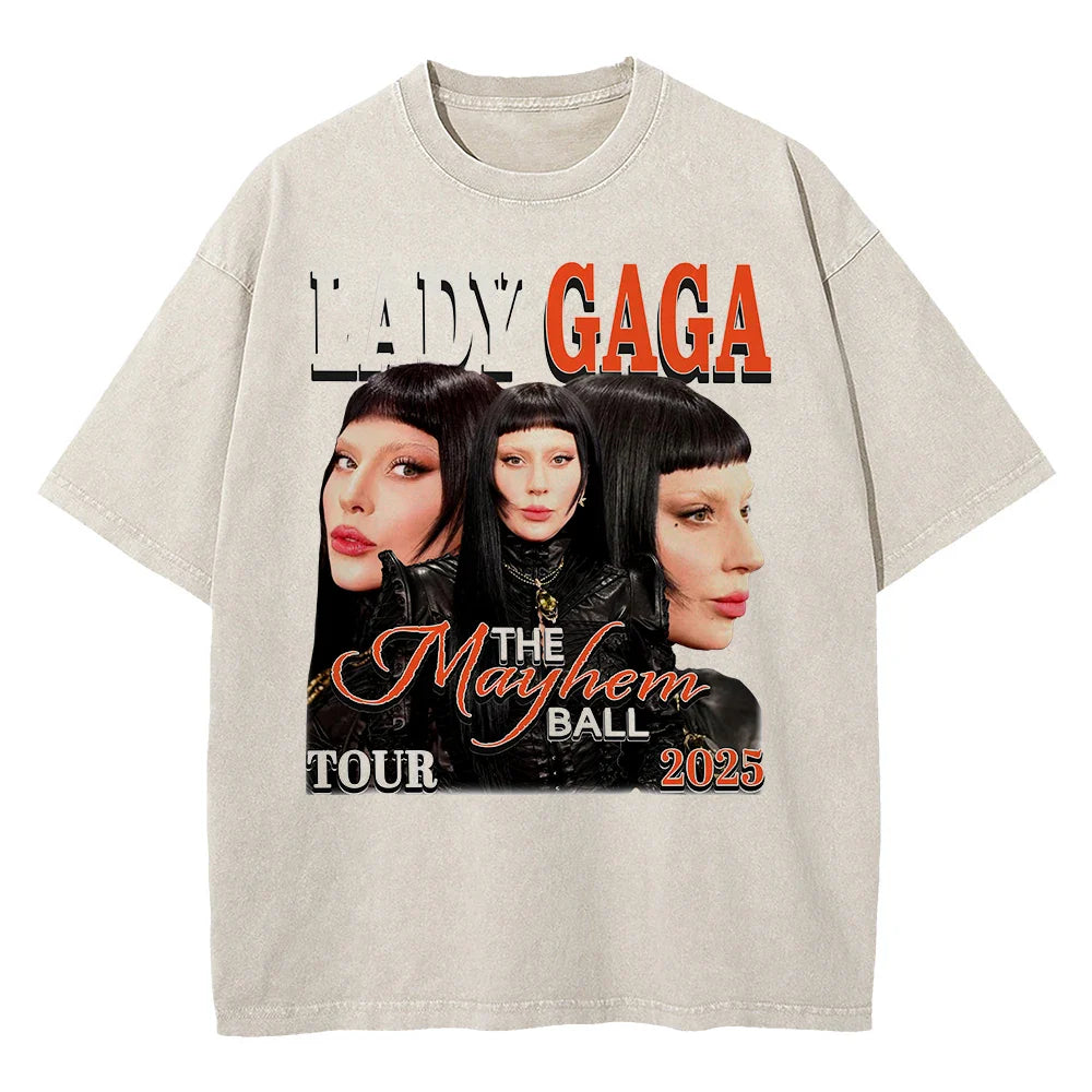 Vintage Washed Lady Gaga The Mayhem Ball Tour 2025 T Shirt Fashion Men/Women Aesthetic High Quality Acid Wash 100% Cotton Tees