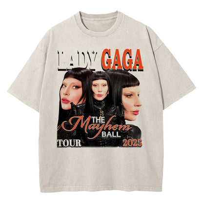 Vintage Washed Lady Gaga The Mayhem Ball Tour 2025 T Shirt Fashion Men/Women Aesthetic High Quality Acid Wash 100% Cotton Tees
