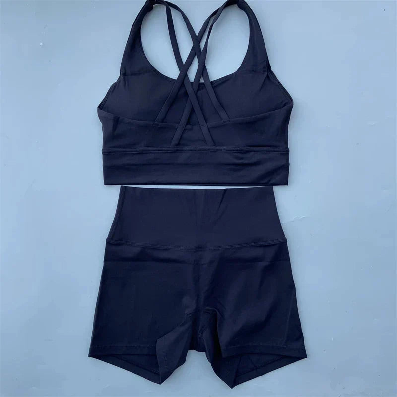 Solid Color gym bike Yoga Set short Legging +cross sport bra Tracksuit  Athletic Women Gym Suit Comprehensive Training Jogging