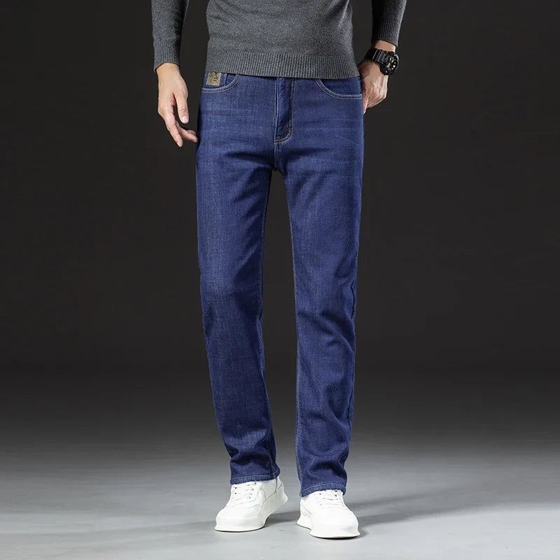 Winter Warm Fleece Jeans Men 2025 Straight Stretch Thick Casual Thermal Denim Pants Male Business Work Trousers New Men Clothing