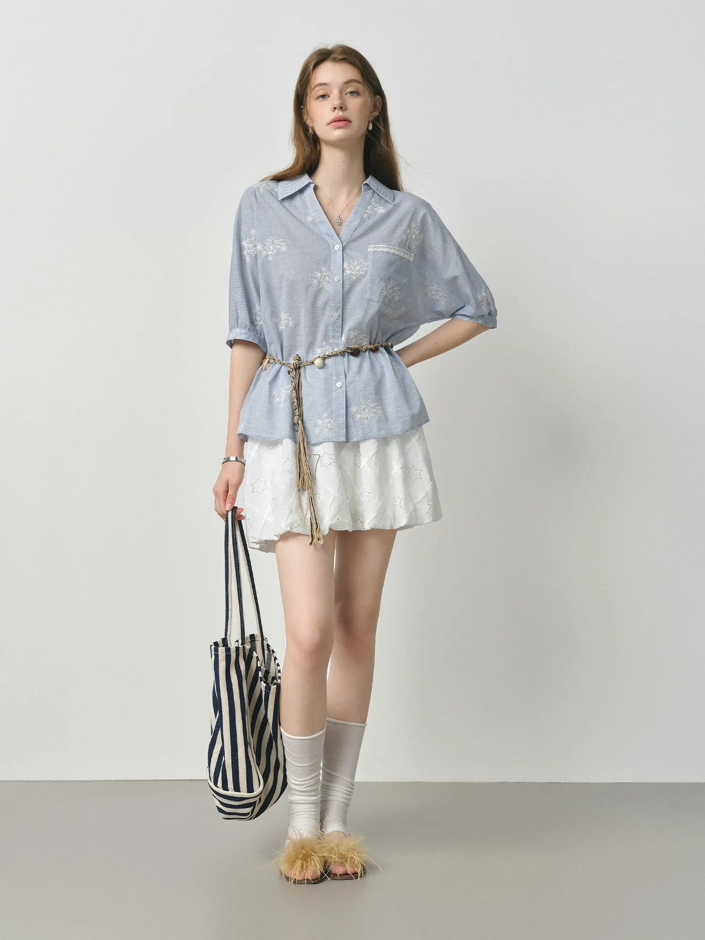 Summer Garden Embroidery Heavy Striped Shirt Women 2025 Summer New Back Hollow Top 25FS12883