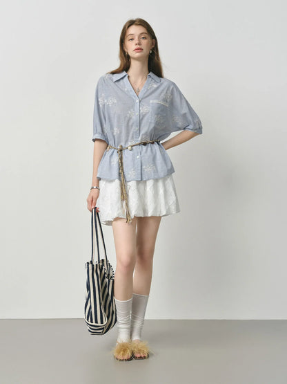 Summer Garden Embroidery Heavy Striped Shirt Women 2025 Summer New Back Hollow Top 25FS12883