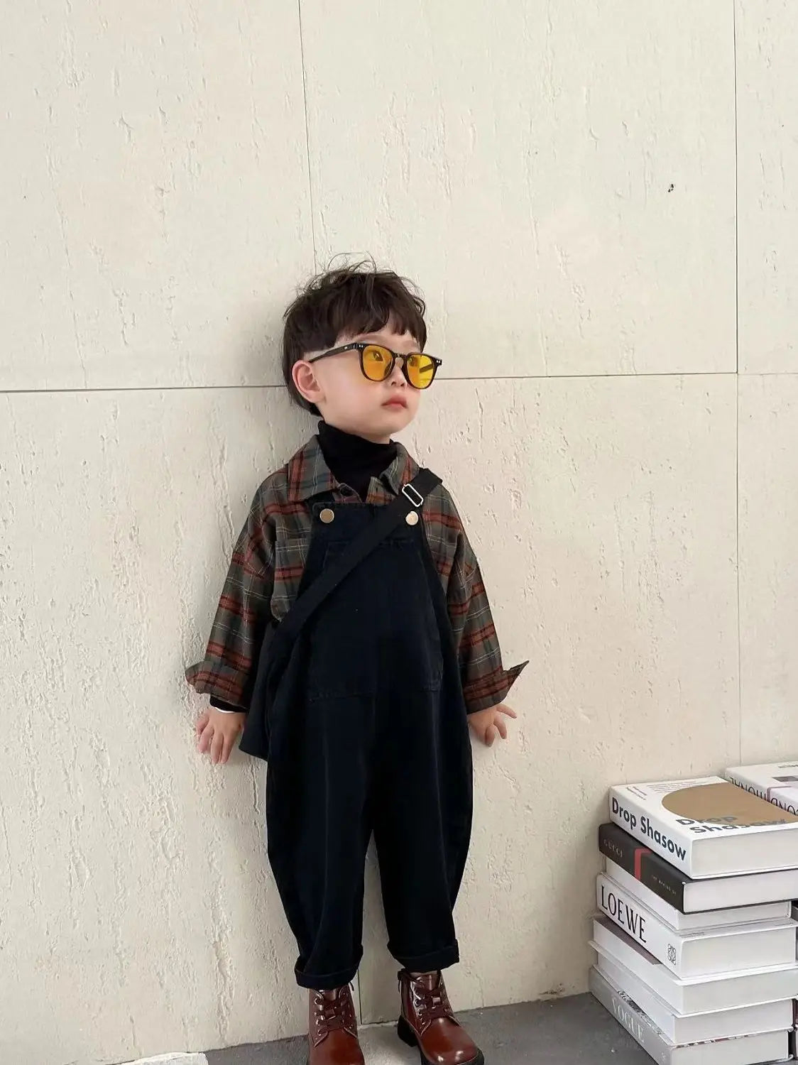 Korean Children's Clothing Girl Boys Suspender Pants+ Checkered Shirt Set Girls Baby Shirt Outfits Spring Autumn Kids Jeans Sets