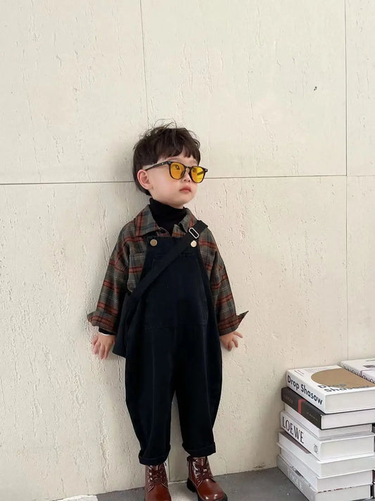 Korean Children's Clothing Girl Boys Suspender Pants+ Checkered Shirt Set Girls Baby Shirt Outfits Spring Autumn Kids Jeans Sets