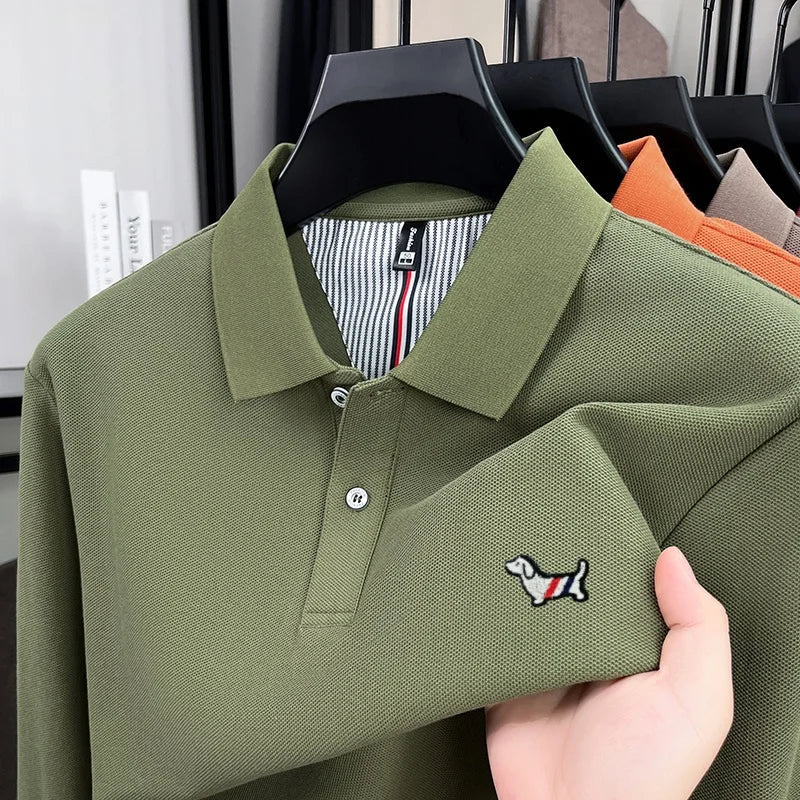 100% pure cotton autumn high-end luxury men's brand long sleeved polo shirt original embroidered dog design golf top T-shirt