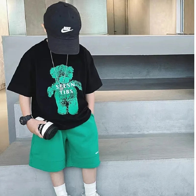 Summer Boys Cotton Cartoon Alphabet Short-Sleeved t-Shirt Tops+Short Pant Set School Kids Tracksuit Children 2PCS Outfit 3-16Yrs