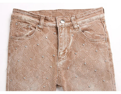 Men's Crystal Rhinestone Stretch Boot Cut Denim Jeans Punk Rivet Slim Flared Trousers Fashion Stretchy Pants