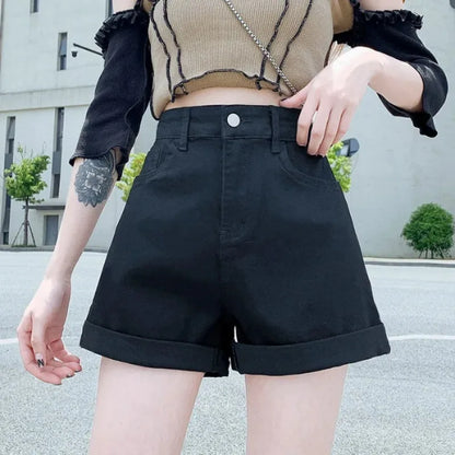 High-Waist Cuffed Denim Shorts Women Summer Korean Style Student Loose Slimming Outerwear A-Line Wide Leg Hot Pants Y2K Shorts