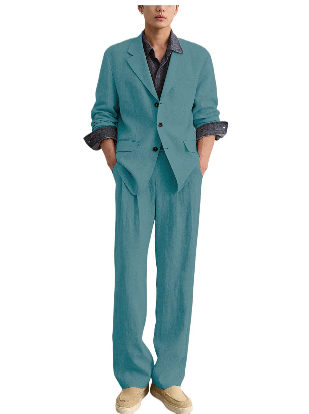 Men's Linen 2 Piece Set Notched Lapel Loose Fit Blazer Wide Leg Trousers Lightweight Breathable Spring Business Casual DailyWear