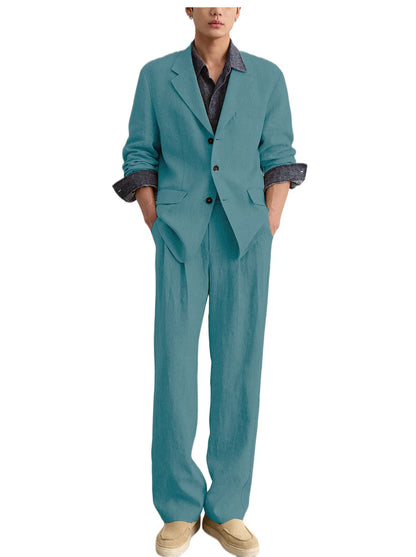 Men's Linen 2 Piece Set Notched Lapel Loose Fit Blazer Wide Leg Trousers Lightweight Breathable Spring Business Casual DailyWear