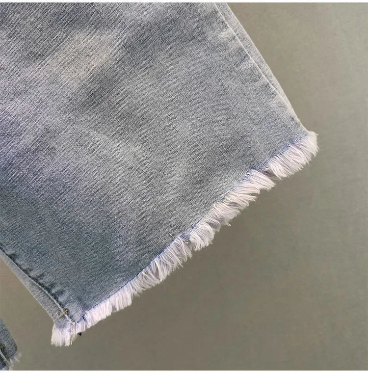 Ladies' Beaded and Sequined Denim Cropped Pants, New Summer Style, Raw-edge Straight-cut, Slim-fitting, Versatile Shorts