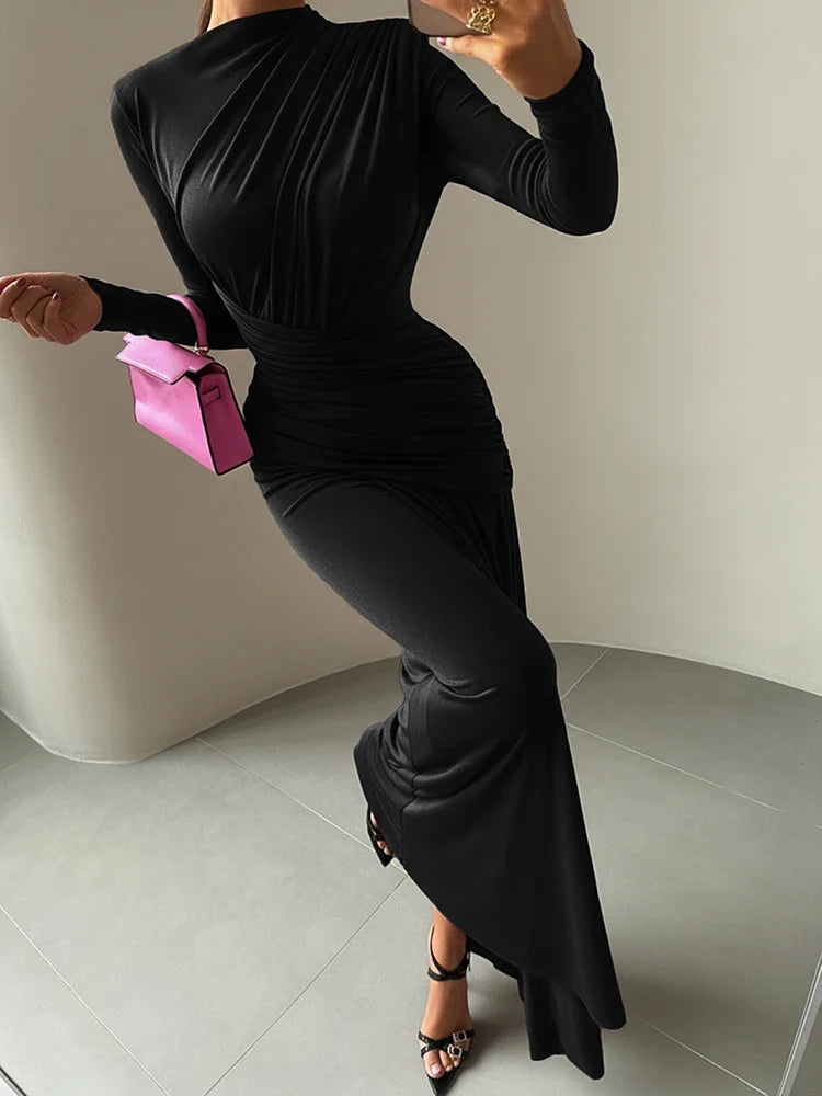 Folds Maxi Dress Women O-Neck Full Sleeve Solid Banquet Elegant Vacation Fashion Autumn Skinny Casual Simple Vestido