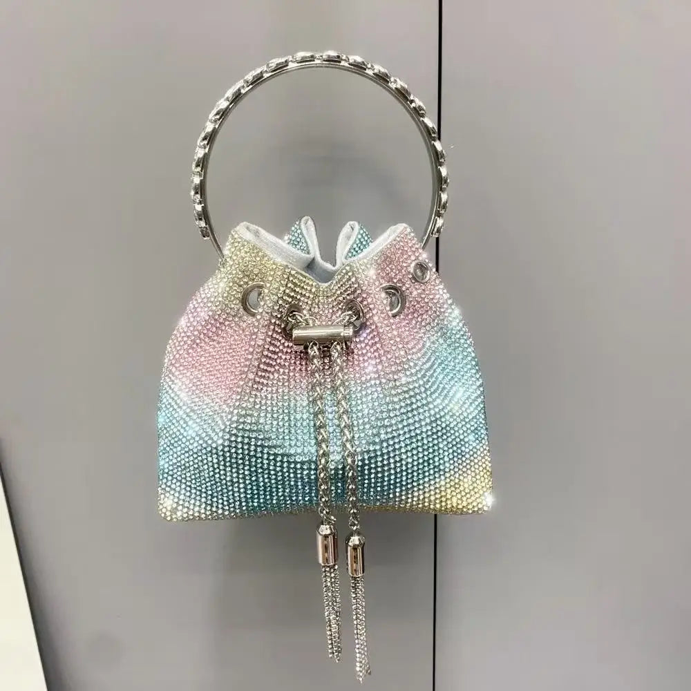 Rhinestones Diamond Evening Clutch Bag Luxury Designer Metal Ring Women's Handbag Wedding Party Bling Bucket Purse Shoulder Bag