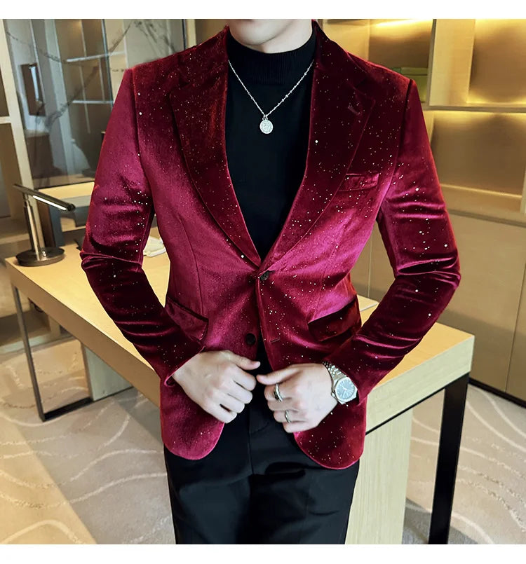 High Quality Velvet Bronzing Suit Coats Mens Sparkle Elegant Slim Business Suits Jacket Homme Formal Social Prom Party Tuxedos