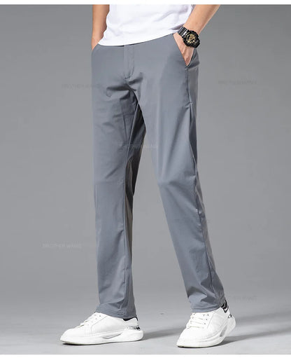 Ultra-thin Ice Silk Cool Men's  Casual Pants Summer New High Elasticity Quick-drying Drape Business Straight Trousers Black Gray