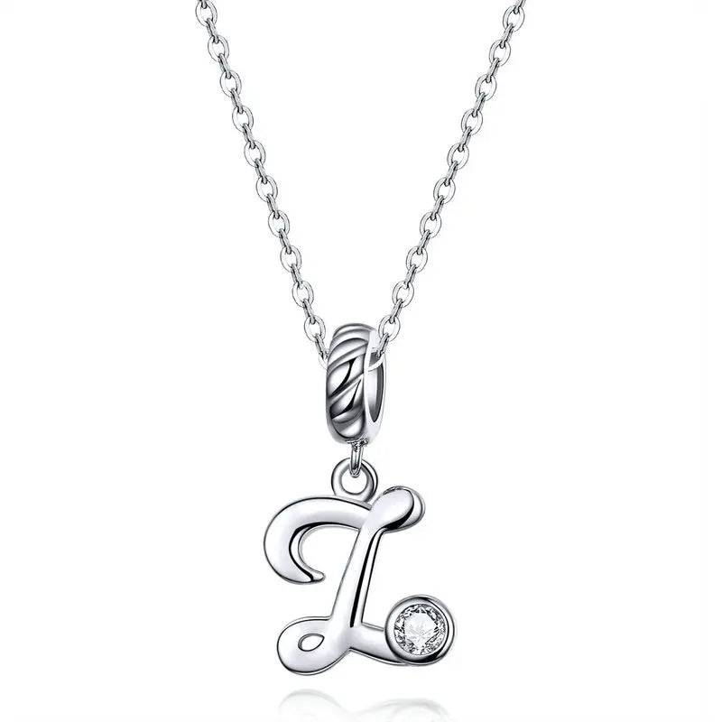 925 Sterling Silver Vintage Letter A to Z Pendant Necklace Initial Long Chain Necklace Platinum Plated Women Fine Jewelry