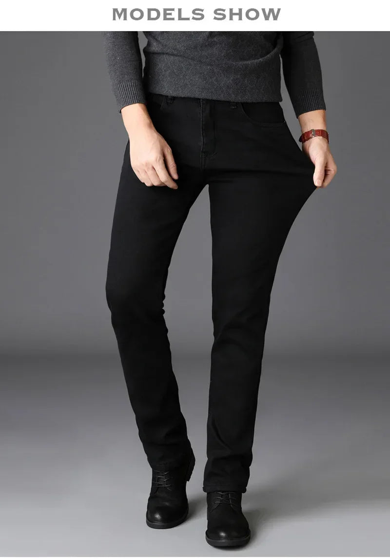 2025 New Business Casual Trousers Grey Fleece Men Clothes Black Blue Elasticity Warm Winter Jeans Velvet Jeans 28-40
