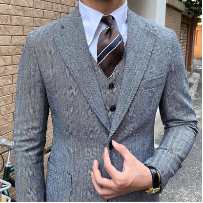 New Retro Herringbone Slim Fit Men's Suit Gentlemen's 3-piece Suit Single Breasted Handsome Autumn Winter Business Casual Formal