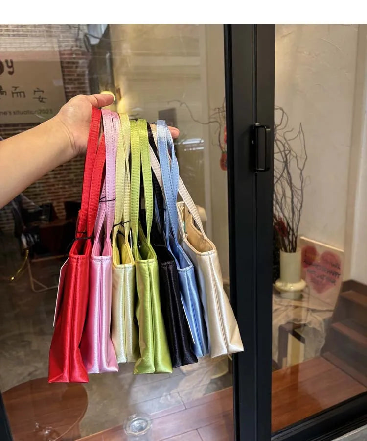 Luxury Premium Designer Elegant Womens Silk Satin Small Tote Solid Color Shoulder Underarm Purse Versatile Fashion Commuting Bag