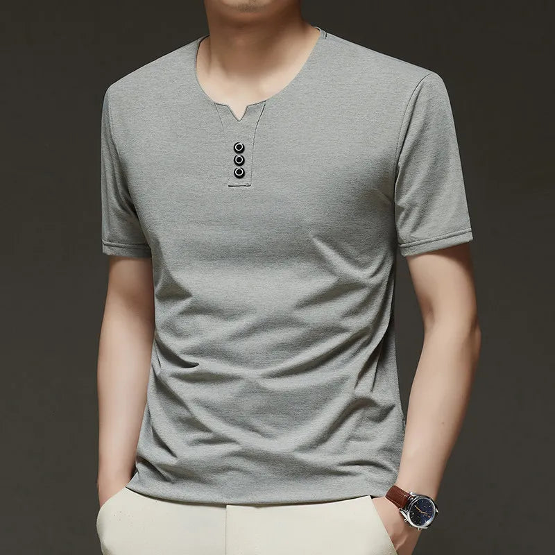 2026 New Men's Business Casual Three Button V-neck Short Sleeved T-shirt Korean Style Summer Comfortable Versatile Top