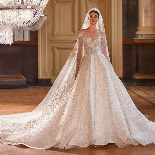 Shining Long Sleeve Ball Gown Wedding Dress Beading Tulle Luxury Hochzeitskleid Button Back Gorgeous Trouwjurk