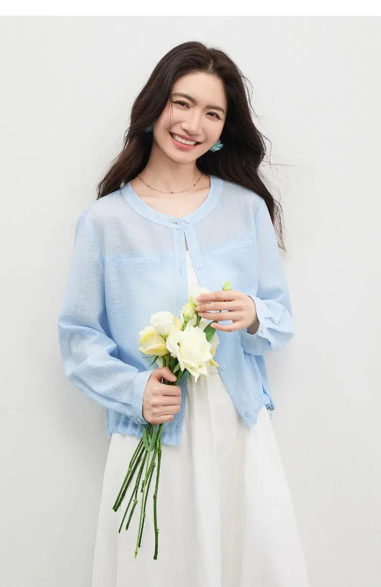Women's Oversized Lyocell Shirt 2026 Spring Summer Round Neck Long Sleeve Drawstring Sheer Casual Top 161WB5014