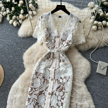 Classy Vintage Flower Lace Dress Office Lady Hollow Out Sashes Short Sleeve Bodycon French Senior Straight Long Dress