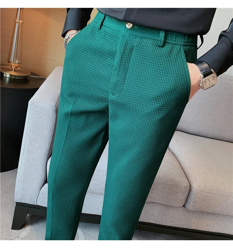 2024 Autumn New Waffle Stretch Waist Business Formal Pants Men Fashion Wedding Slim Trouser Mens Brand Social Party Suit Pants