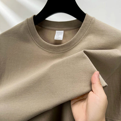 High quality 100% cotton short sleeve men's T-shirt summer round neck loose casual solid color plus size breathable top women