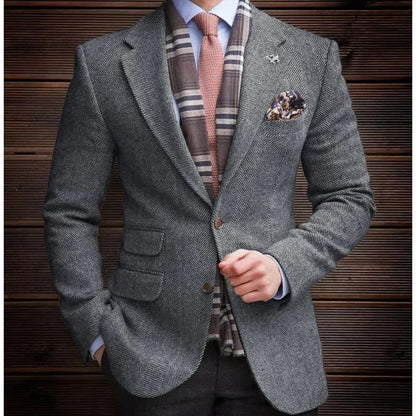 High Quality Men's Vintage Herringbone Tweed Blazer Wool Blend Single Breasted Lightweight Casual Sport Coat Formal Jacket