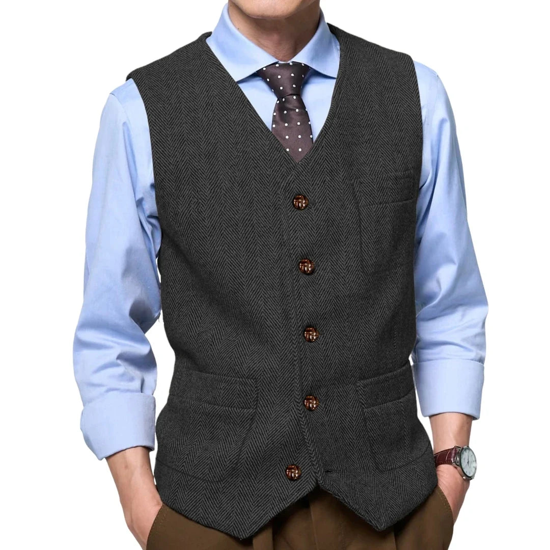 Men Vest Gray Herringbone Single Button With Pocket Waistcoat For Wedding Party Business Work Office Daily Casual Men Suit Vest