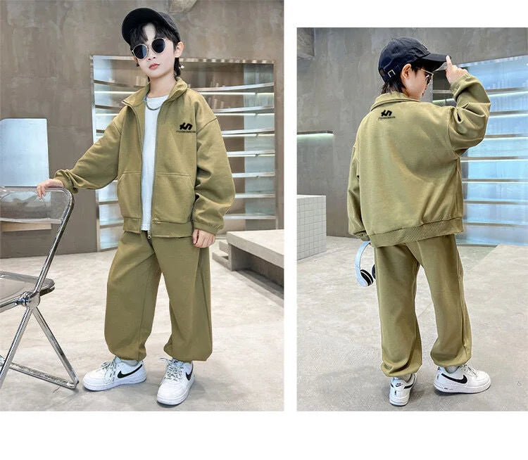 Boys Cotton Turtleneck Full Zip Sweatshirt Jacket+Sweatpant Workout Set School Kids 2PCS Tracksuit Children Jogger Outfit 5-16Yr