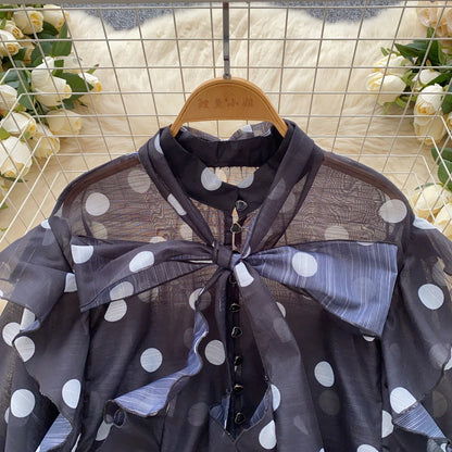 Spring Chiffon Polka Dot Blouse Women Bow Collar Long Lantren Sleeve Fashion Casual Streetwear Basics Loose Thin Tops